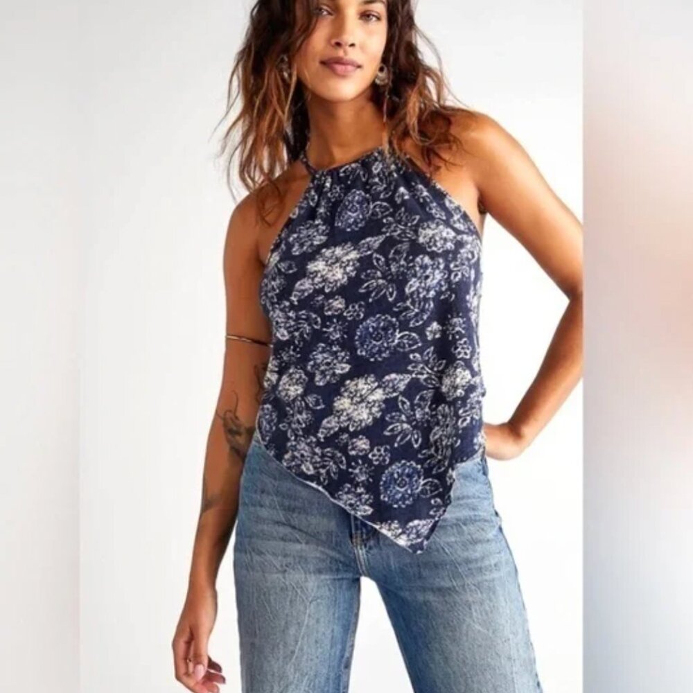 Free People We The Free Navy Combo Floral Bandana Halter Top OB1472621 XS NEW